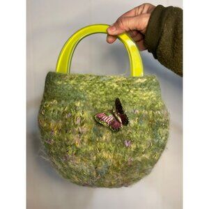 Handcrafted Green Wool Felt Handbag Y2K 2000s Butterfly Accent & Plastic Handles